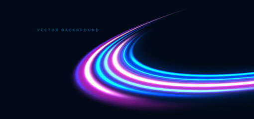 Futuristic glowing blue and pink curved rays on dark blue background.