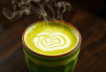 Steaming cup of vibrant green matcha latte, frothy texture,  wellness,  refreshment