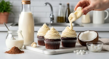 Icing Cupcake with Creamy Frosting in Bright Kitchen