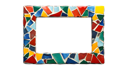 Photorealistic render of a photo frame made from colorful mosaic tiles, intricate pattern, square orientation, empty center, artisanal feel, isolated on Transparent background