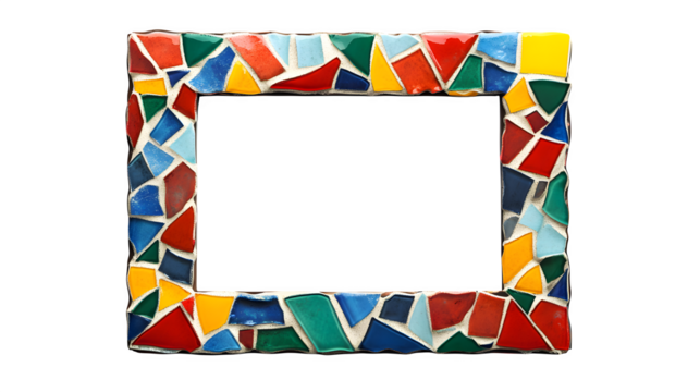 Photorealistic render of a photo frame made from colorful mosaic tiles, intricate pattern, square orientation, empty center, artisanal feel, isolated on Transparent background