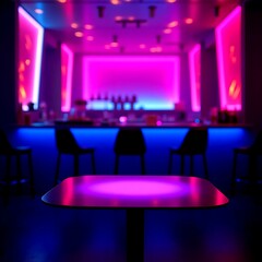 Modern nightclub restaurant table with neon purple light. Interior bar background with vivid pink and blue lights. Empty table, product placement concept for drinks or food.