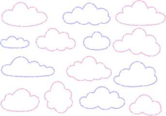 Pastel crayon pencil cloud doodles in blue and pink