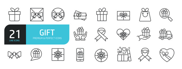 Set of line icons related to gift, box, birthday, gift box. Outline icons collection. Editable stroke. Vector illustration