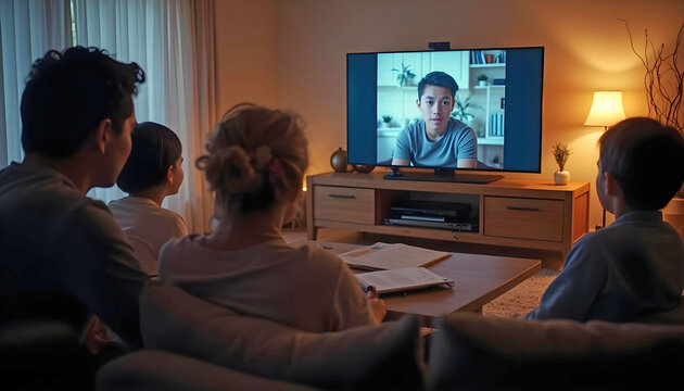 Family receiving virtual support session from counselor on TV screen