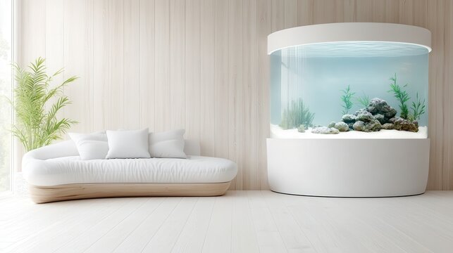 A stylish living room featuring a pristine aquarium beside a sleek, contemporary couch, showcasing modern design aesthetics and the calming effect of aquatic life.