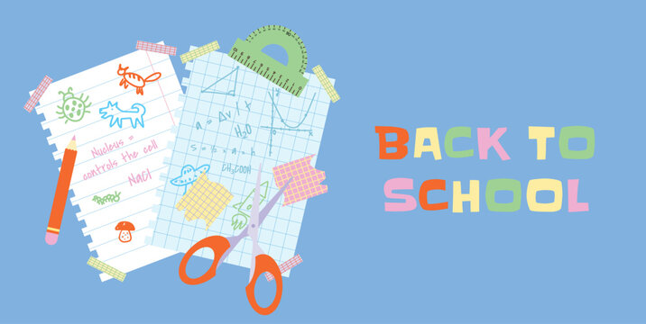 Back to School Sale, Promotion, Poster and Flyer. Hand Drawings and Formulas on Torn Paper, Scissors, Protractor, Pencil, Sticky Notes. School Subjects Concept. Flat Vector Illustration