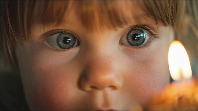  Soft focus on a flickering birthday candle on a cupcake. A young girl with short hair and chubby cheeks leans in with wide, hopeful eyes 