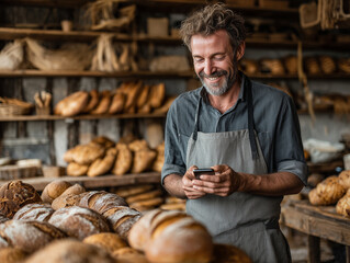 cheerful baker in apron smiles while using smartphone in rustic bakery filled with various breads. warm atmosphere highlights his passion for baking