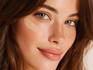 Obraz premium close up of woman face showcasing different shades of foundation applied on her cheek, highlighting her natural beauty and flawless skin