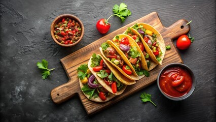 Delicious Savory Tacos with Fresh Vegetables and Zesty Sauces on Rustic Wooden Board
