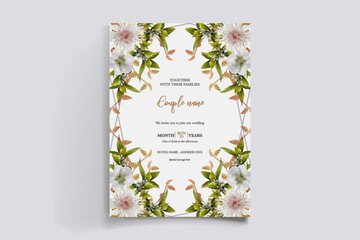 WEDDING INVITATION FRAME WITH FLOWER DECORATIONS AND FRESH LEAVES