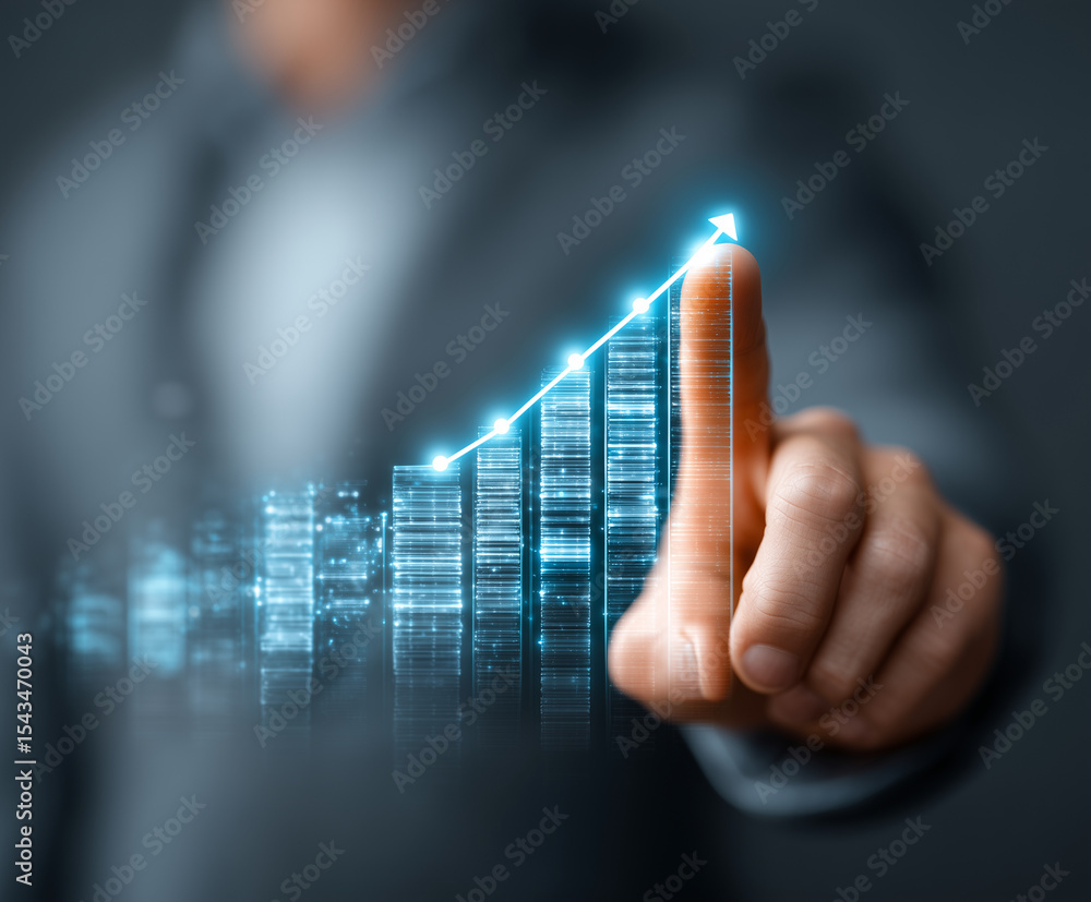Aufkleber businessman interacting with virtual digital bar graph, showcasing growth and progress. futuristic i