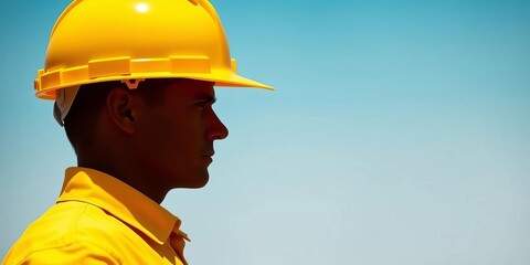 Yellow hard hat, long shadow, vibrant background,   occupation,  worker