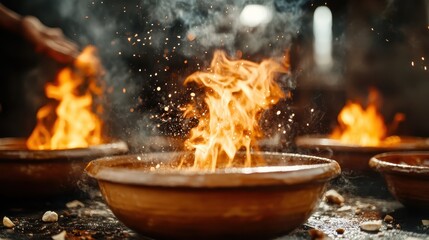 Obraz premium Flames leap energetically from traditional clay pots in a kitchen setting, emphasizing the raw beauty of culinary art and the process of cooking with warmth and passion.