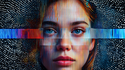Abstract Portrait Young Woman Blue Eyes Colorful Stripes Digital Art Glitch Effect girl