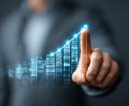 businessman interacting with virtual digital bar graph, showcasing growth and progress. futuristic interface highlights data visualization and technology in professional setting