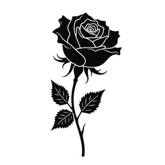 Black Silhouette Rose Flower Vector with Elegant Petals and Curved Stem in Romantic Floral Style on White Background Full HD