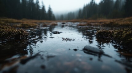 Obraz premium A serene forest landscape under rain, featuring calm reflective water and lush greenery, evokes a sense of peace, solitude, and connection to nature.