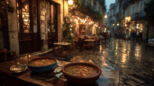 Fototapeta Rainy evening Spanish food bistro scene reflections cobblestone streets steaming bowls of caldo gallego on rustic wooden tables