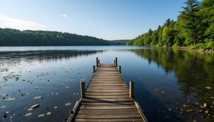 Fototapeta premium This peaceful moment captures a serene afternoon at Walden Pond, where still waters reflect the sky and the surrounding lush forest embraces a quiet wooden dock. The scene evokes the spirit of Henry 