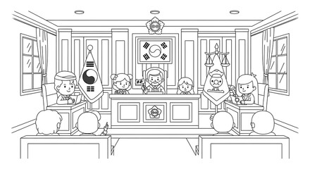 Courtroom coloring page for kids, south korea courtroom illustration, law and justice theme on transparent background