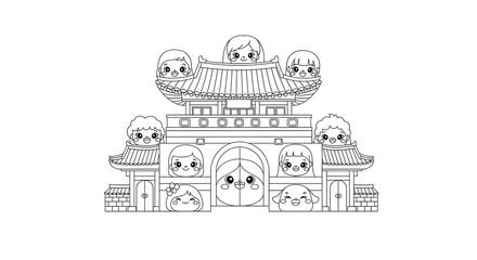 Naklejka premium Kawaii asian temple coloring page for kids and adults printable outline illustration art on transparent background