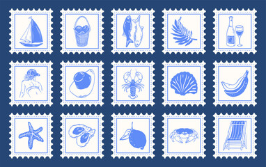Vintage Italian mediterranean summer stamps. Hand drawn retro frame border element design. Engraving emblem, placard or poster.