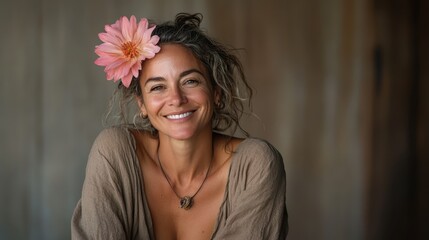 Fototapeta premium A joyful woman adorned with a vibrant flower in her hair radiates beauty and confidence, capturing the essence of happiness and femininity against a serene backdrop.