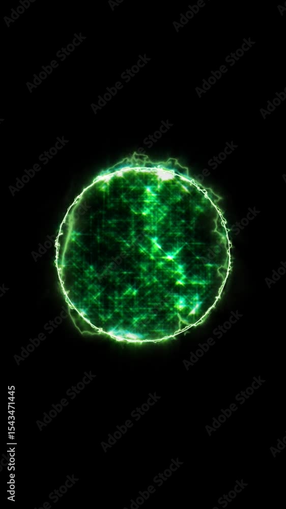 Poster an intricate green energy sphere pulses with light and patterns, set against a deep black background