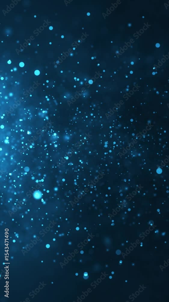 Poster explore dynamic movement of blue particles floating in a dark space, captivating viewers with a tran