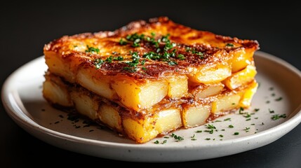 This delectable image presents a beautifully layered potato dish, artfully arranged on a plate, showcasing gourmet cooking with a modern flair in culinary arts.