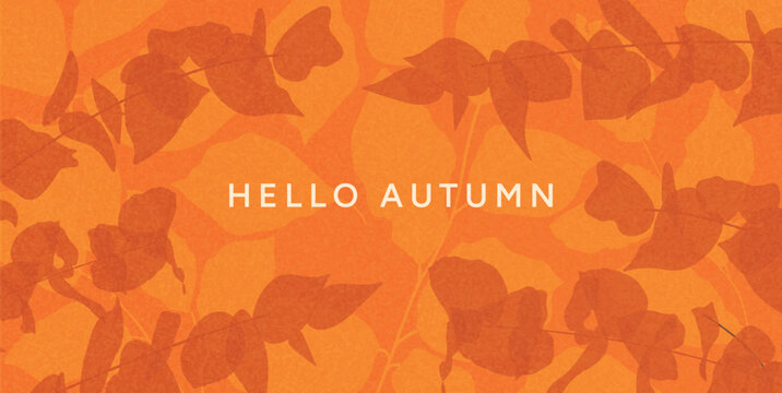 Flat autumn foliage background with overlapping orange leaves and dark botanical silhouettes. Warm seasonal pattern in minimalist style. For greeting, banner, wallpaper, card, header. Vector