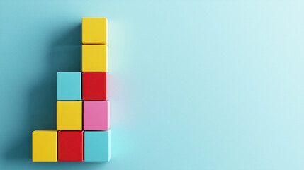 A colorful stack of toy blocks on a blue background