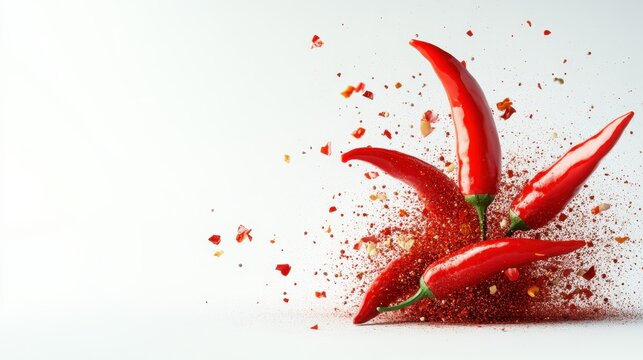 This striking image showcases bright red chilies surrounded by an explosion of spices, representing culinary intensity and the spice of life, perfect for food and cooking themes in stock images.