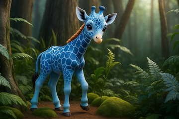 The Magical Journey of a Charming Blue Giraffe Calf Exploring an Enchanting Forest Wonderland
