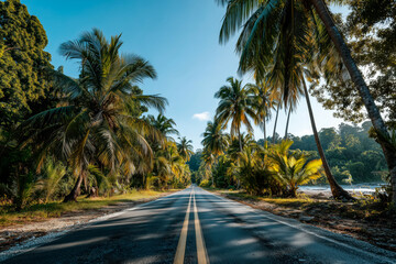 Scenic road surrounded by lush palm trees, perfect for a tropical getaway and exploring the island's natural beauty.