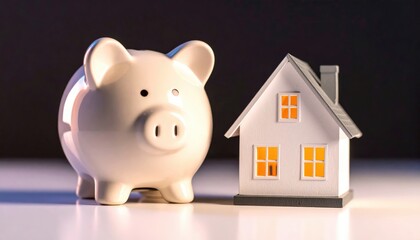 Saving for Home: A ceramic piggy bank stands beside a miniature house, symbolizing the act of saving for a dream, embodying financial security and the aspiration of homeownership.