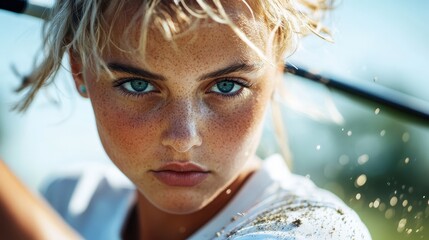 A captivating close-up portrait of a young woman with striking blue eyes, sun-kissed skin, and expressive freckles, highlighting her fierce determination and beauty.