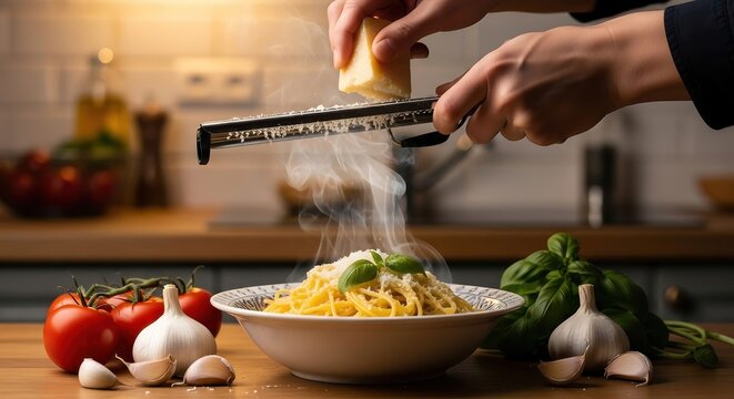 Pasta Being Grated with Cheese