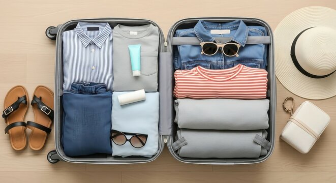 Packed Suitcase with Clothes and Accessories for Travel