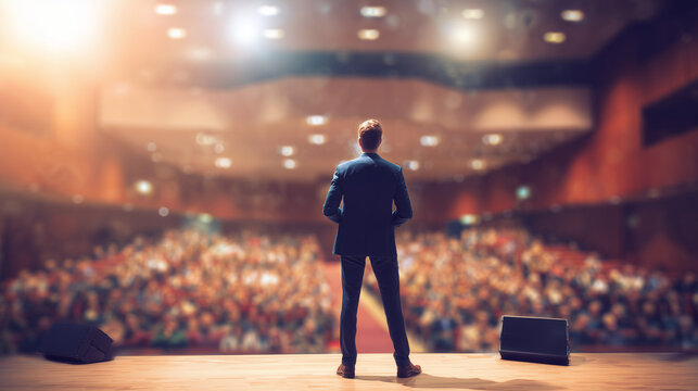 Business speaker presenting on stage, conveying leadership and vision with dynamic presence