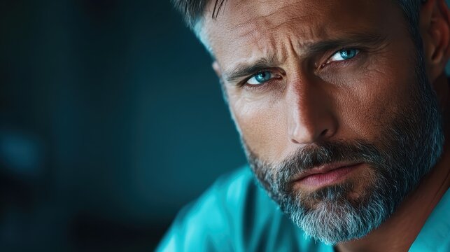 A captivating close-up of a serious man with a beard, showcasing intense blue eyes that express depth and emotion, making a strong and memorable visual impression.