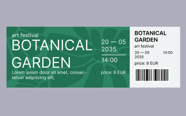 Modern ticket template design. Ticket for art festival, exhibition, concert. Design with abstract flower background. Soft pastel colors.