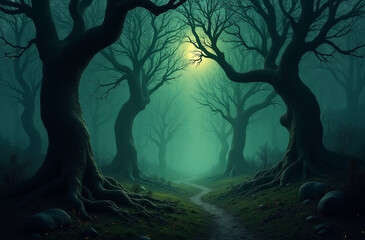 Mystical Moonlit Forest with Ancient Twisted Trees