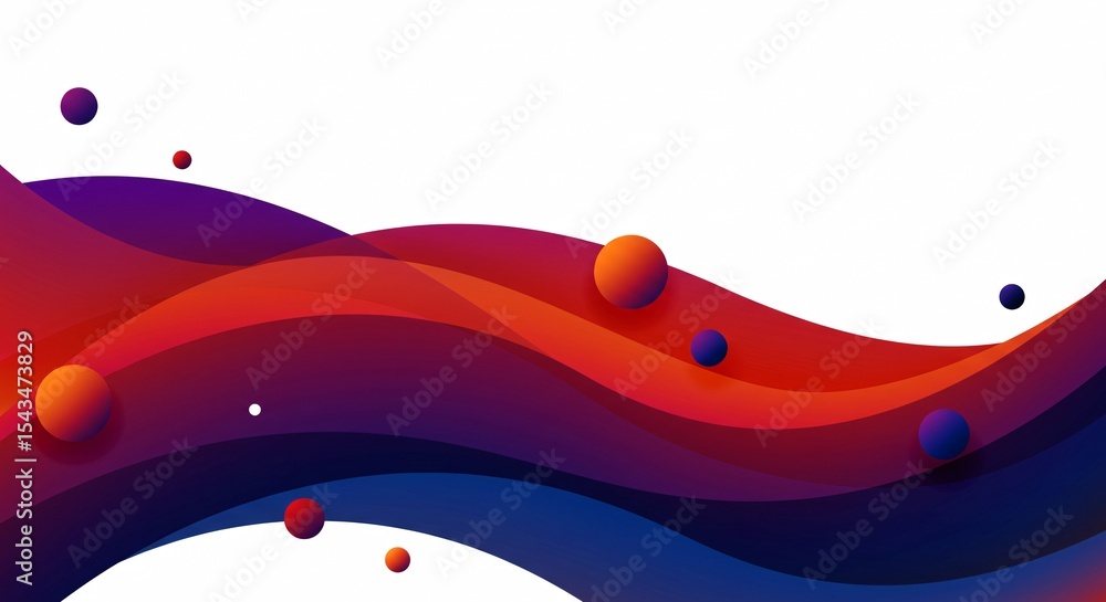 Poster abstract gradient waves with vibrant colors and floating spheres on white background