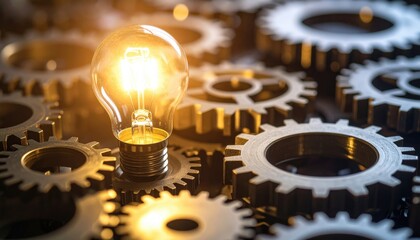 Illuminating Innovation: A luminous light bulb shines brightly, symbolizing creativity and innovation, positioned amid an intricate arrangement of interlocking gears.