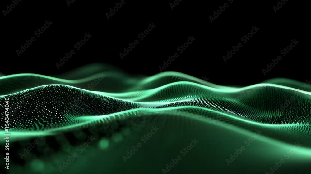 Poster wavy green surface of tiny points on a black backdrop, creates depth and gentle curves