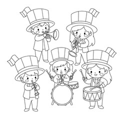 Fototapeta premium Kids marching band coloring page vector illustration for children activity and book cover on transparent background