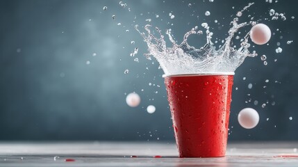 A dynamic image capturing the moment water splashes out of a red cup, showcasing the concept of refreshment and fun in an energetic and vibrant way.